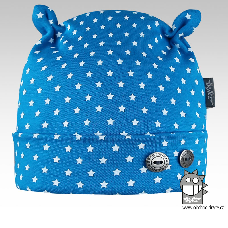Kojenecká čepička Dráče vel. 0 (32 - 34 cm) - Modrá s hvězdičkami (růžky)